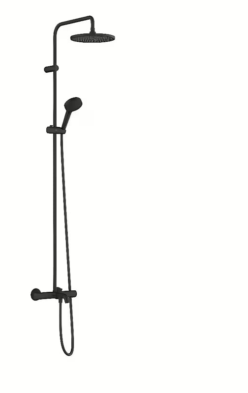 Hansgrohe Vernis Blend tušni sistem s kadnim termostatom v mat črni barvi z nadglavno prho 240 mm
