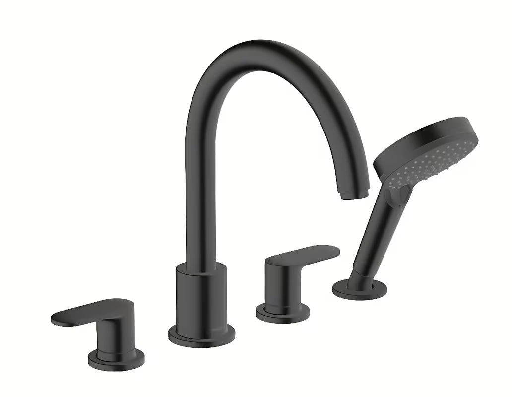 Hansgrohe Vernis Blend z dvema ročajema armatura za kad na rob kadi s prho v mat črni barvi.