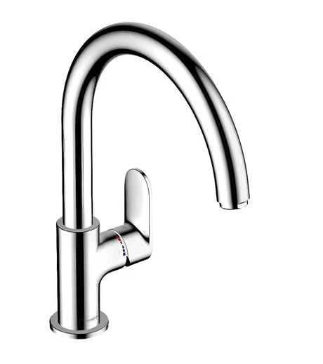 Kromirana enoročna armatura za pomivalno korito hansgrohe Vernis Blend M35 z visokim vrtljivim izlivom