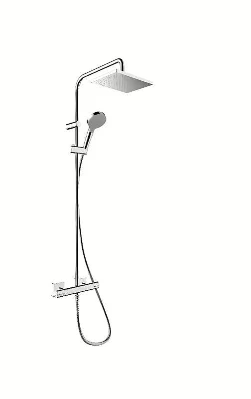 Hansgrohe Vernis Shape tušni sistem s termostatsko armaturo v krom izvedbi z nadglavno in ročno prho