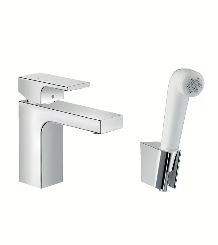 Hansgrohe Vernis Shape enoročna armatura za umivalnik v kromu z bide prho in s pršno cevjo