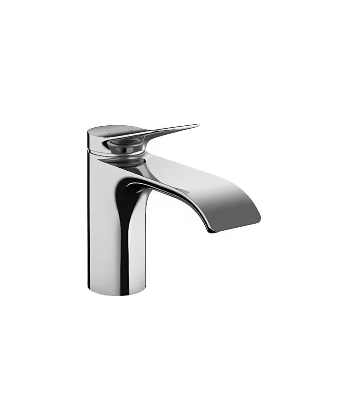 Kromirana enoročna armatura za umivalnik Hansgrohe Vivenis z ekstra širokim curkom WaterfallStream in odtočnim ventilom z dvižno palico.