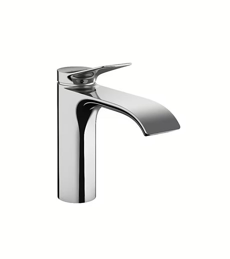 Kromirana enoročna armatura za umivalnik Hansgrohe Vivenis 110 z odtokom z dvižno palico in širokim curkom WaterfallStream.