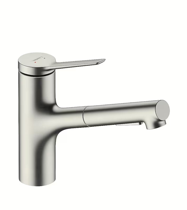 Armatura za Pomivalno Korito Hansgrohe Zesis v videzu nerjavnega jekla z izvlečno prho s preklopom med dvema vrstama curka.