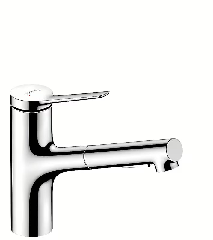 Kromirana armatura za pomivalno korito Hansgrohe Zesis z izvlečno prho s preklopom med laminarnim in pršnim curkom.