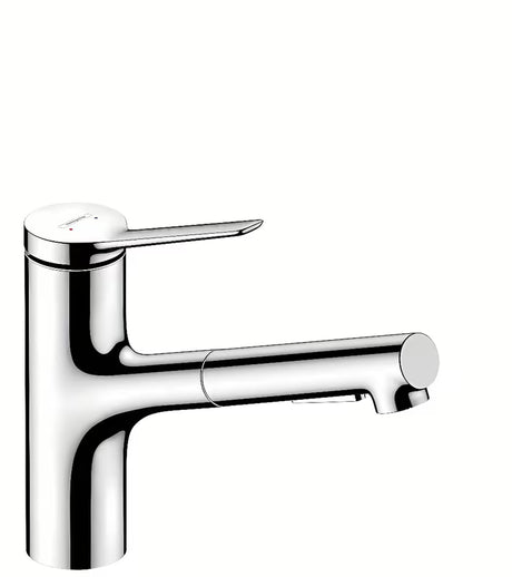 Kromirana armatura za pomivalno korito Hansgrohe Zesis z izvlečno prho s preklopom med laminarnim in pršnim curkom.