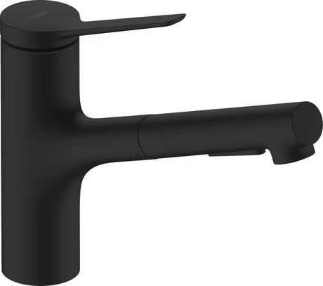 Hansgrohe Zesis M33 enoročna armatura za pomivalno korito z izvlečno prho v mat črni barvi.