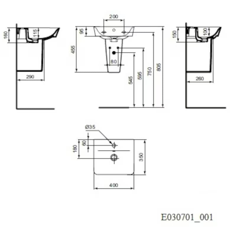 Bijeli keramički umivalnik Ideal Standard Connect Air 40x35 cm s četvrtastim minimalističkim dizajnom