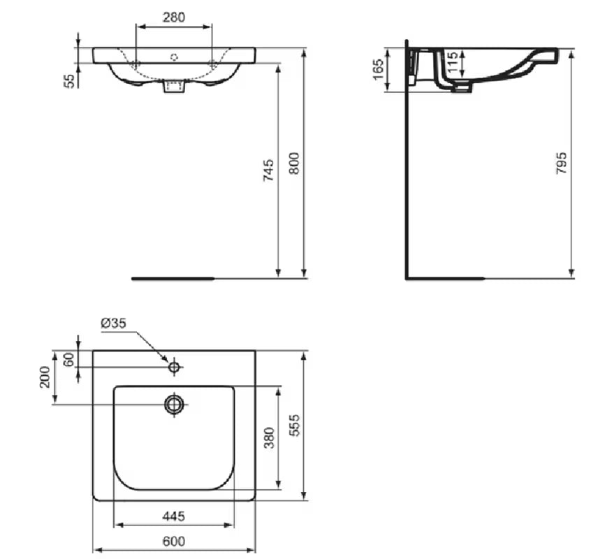 Viseče keramički umivaonik Ideal Standard Connect Freedom 60x55,5 cm u bijeloj boji s otvorom pro za slavinu u sredini.