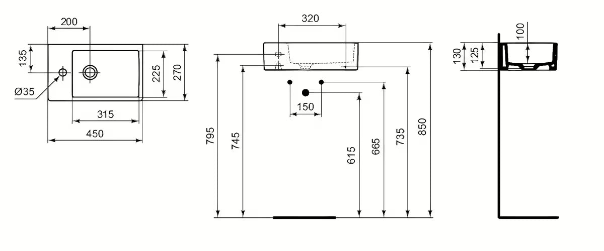 Ideal Standard Strada keramični umivalnik 45 x 27 cm v beli barvi z odprtino pro za armaturo na levi