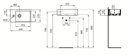 Ideal Standard Strada keramični umivalnik 45 x 27 cm v beli barvi z odprtino pro za armaturo na levi
