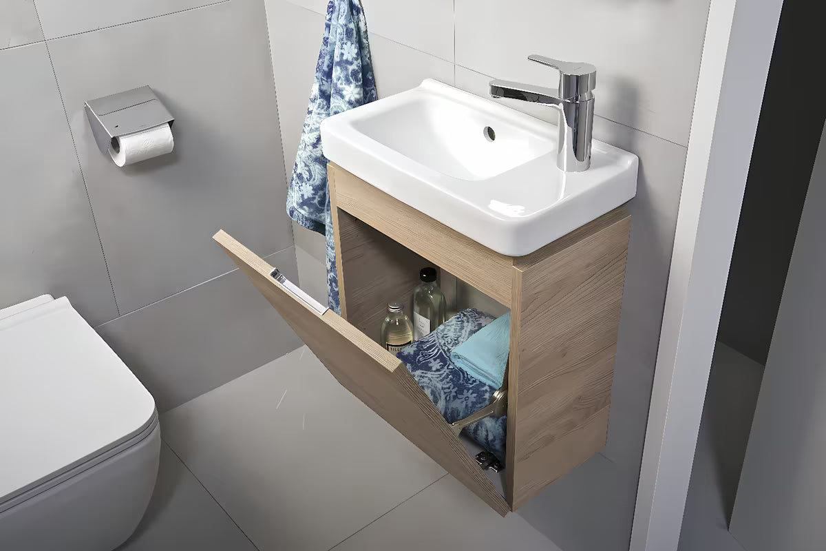 Viseča omarica pod umivalnikom Jika Cubito 45x24,1x48 cm v dekorju hrasta z dvižnimi vratci