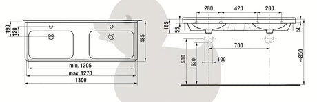 Keramički dvojni umivalnik Jika Cubito bijeli, 130 x 48,5 cm, s dvije rupe pro za slavinu u sredini
