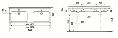 Keramički dvojni umivalnik Jika Cubito bijeli, 130 x 48,5 cm, s dvije rupe pro za slavinu u sredini