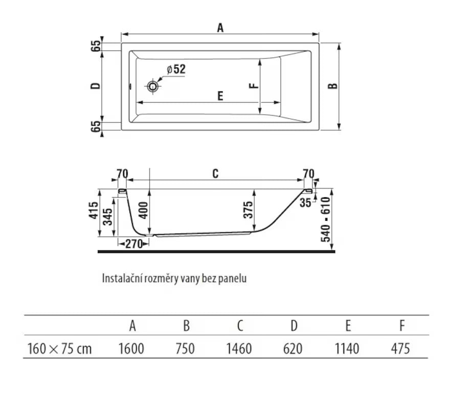 Pravokutna akrilna kada Jika Cubito 160x75 cm, prikladna pro za lijevu i desnu orijentaciju
