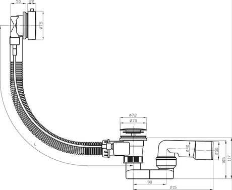 Sifon za Kad Avtomatik Jika Deep u krom izvedbi s upravljanjem sajlom i fleksibilnim preljevom.