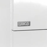 Bela viseča kopalniška omarica Jika Plan s keramičnim dvojnim umivalnikom in predali s polnim izvlekom.