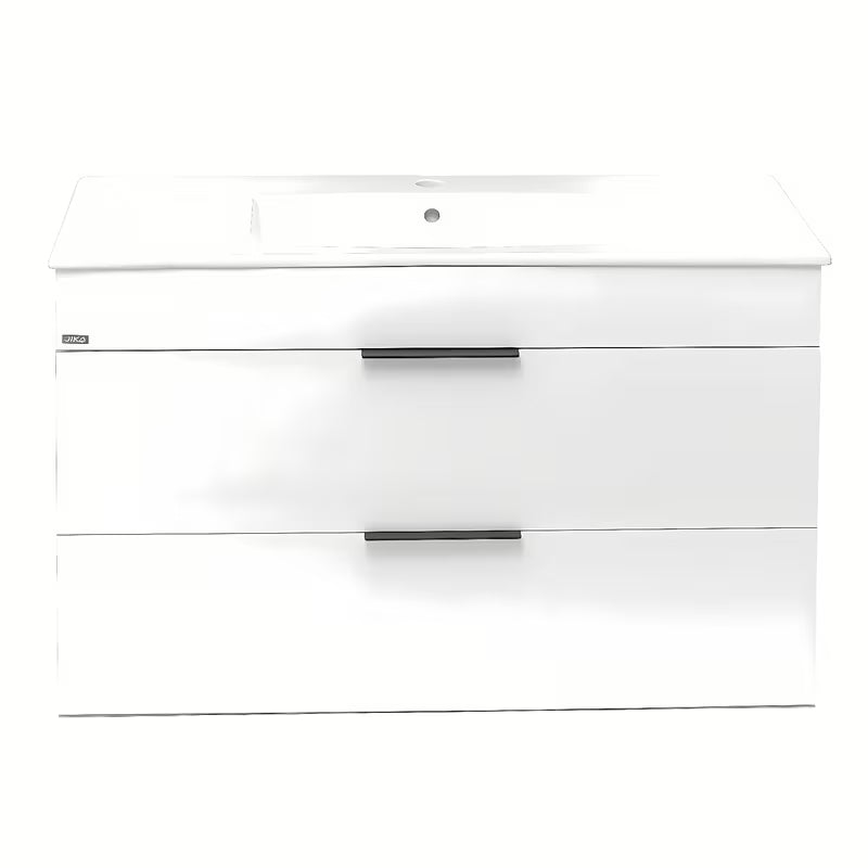 Bijeli viseča ormarić Jika Plan s keramičkim umivaonikom i ladicama s punim izvlačenjem