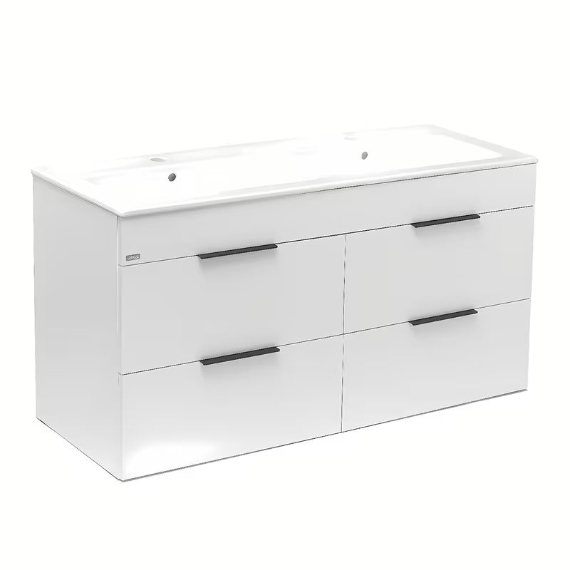 Bijeli viseča kopalniška omarica Jika Plan s keramičkim dvostrukim umivaonikom i ladicama s potpunim izvlačenjem.