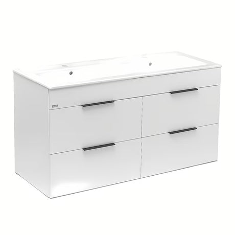 Bijeli viseča kopalniška omarica Jika Plan s keramičkim dvostrukim umivaonikom i ladicama s potpunim izvlačenjem.