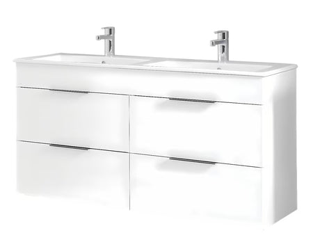 Bijeli viseča kopalniška omarica Jika Plan s keramičkim dvostrukim umivaonikom i ladicama s potpunim izvlačenjem.