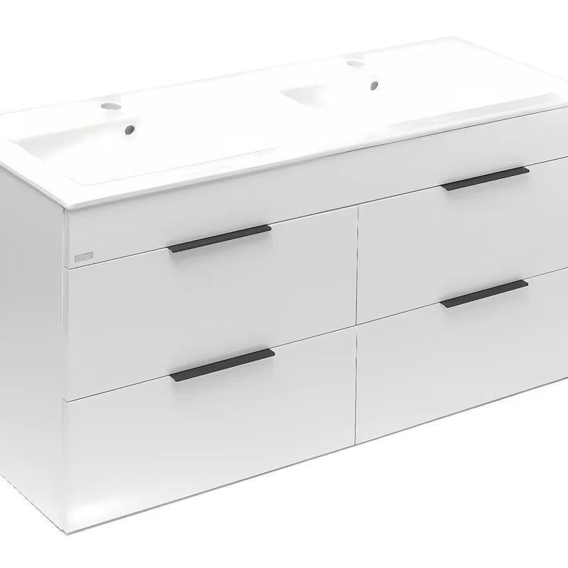 Bijeli viseča kopalniška omarica Jika Plan s keramičkim dvostrukim umivaonikom i ladicama s potpunim izvlačenjem.