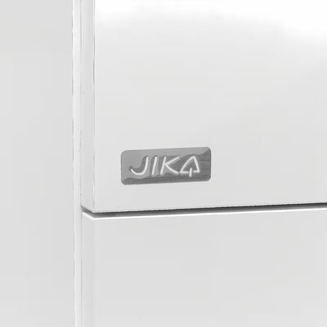 Bijeli viseča kopalniška omarica Jika Plan s keramičkim dvostrukim umivaonikom i ladicama s potpunim izvlačenjem.