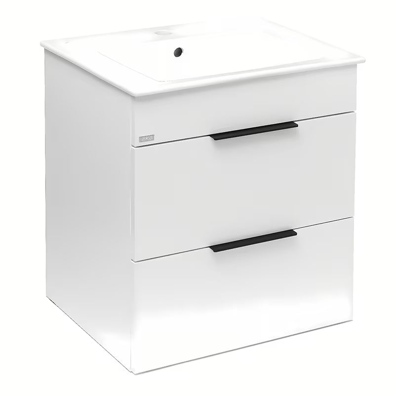 Bijeli viseča ormarić s keramičkim umivaonikom Jika Plan s ladicama s punim izvlačenjem