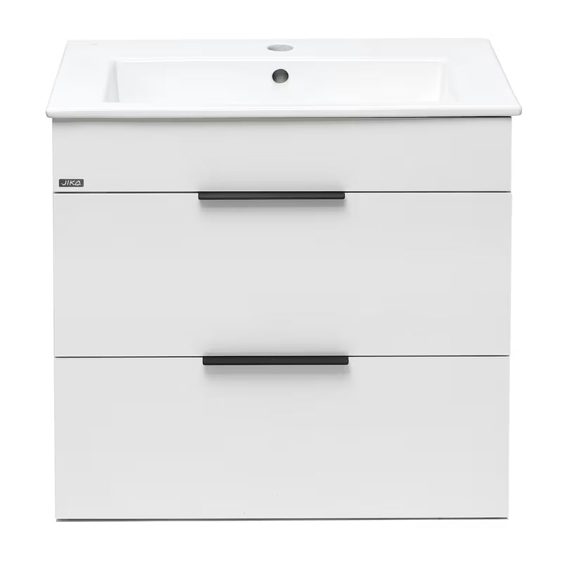 Bijeli ormarić viseča Jika Plan s keramičkim umivaonikom i ladicama s punim izvlačenjem.