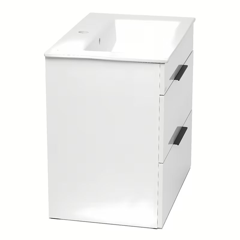 Bijeli ormarić viseča Jika Plan s keramičkim umivaonikom i ladicama s punim izvlačenjem.