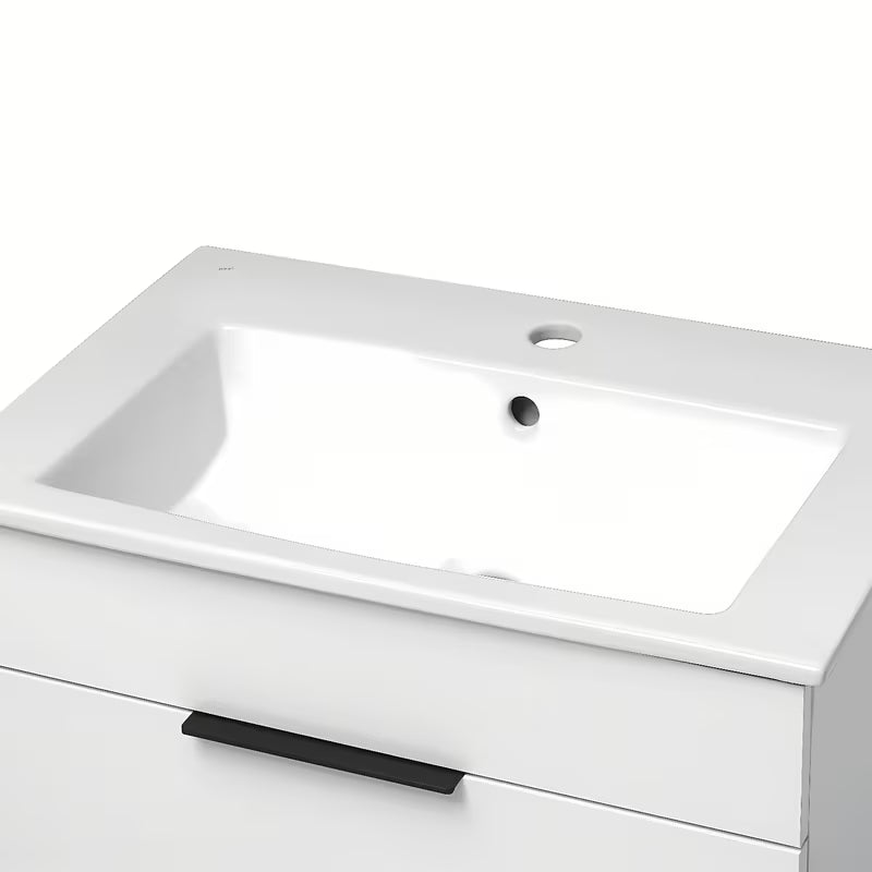 Bijeli ormarić viseča Jika Plan s keramičkim umivaonikom i ladicama s punim izvlačenjem.