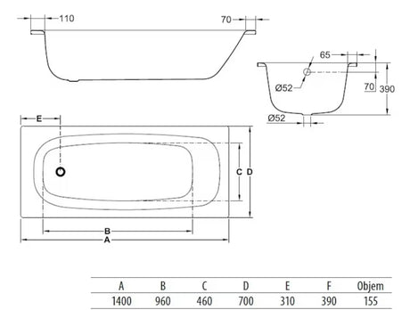 Pravokotna kad Jika Siena 140x70 cm od emajliranog čelika, s mogućnošću lijeve i desne orijentacije