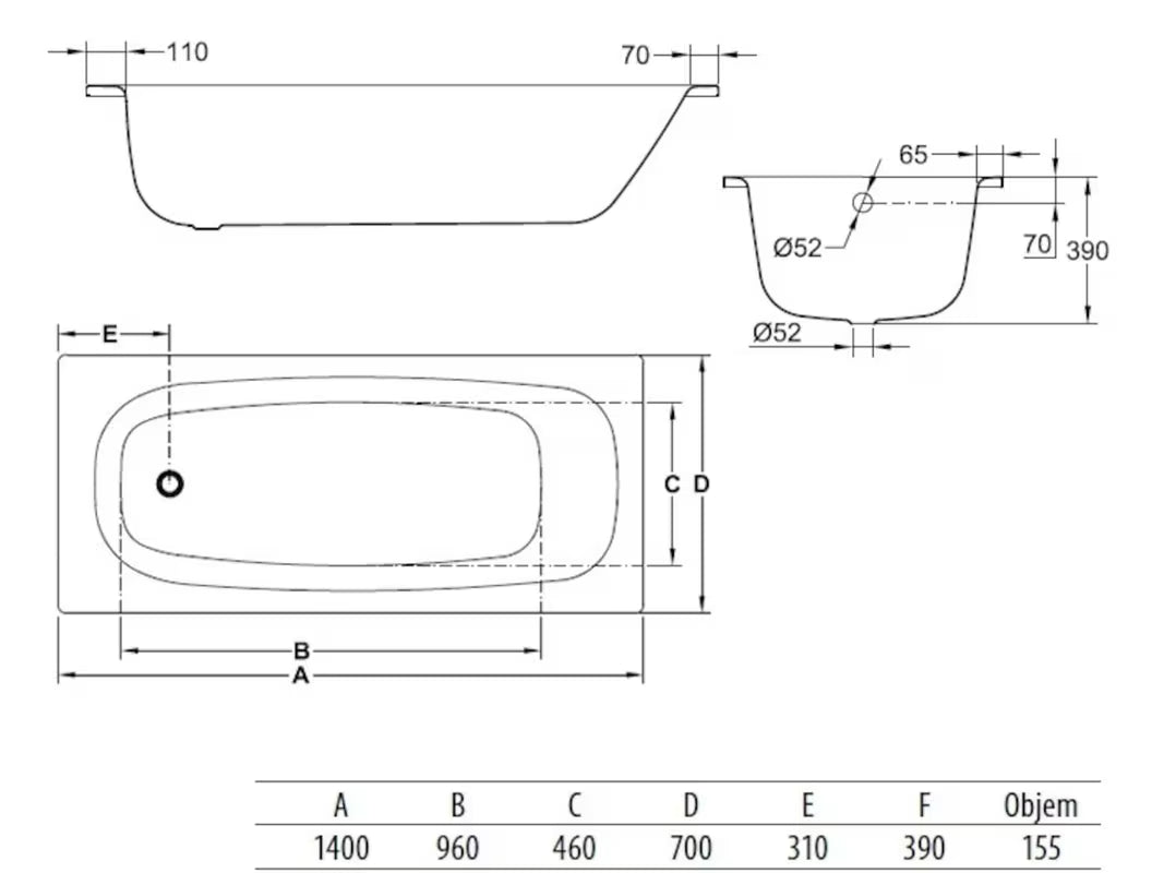 Pravokotna kad Jika Siena 140x70 cm od emajliranog čelika, s mogućnošću lijeve i desne orijentacije