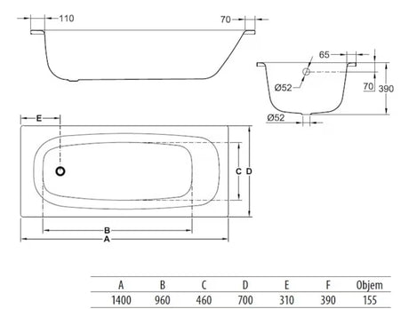 Pravokotna kad Jika Siena 140x70 cm od emajliranog čelika, s mogućnošću lijeve i desne orijentacije