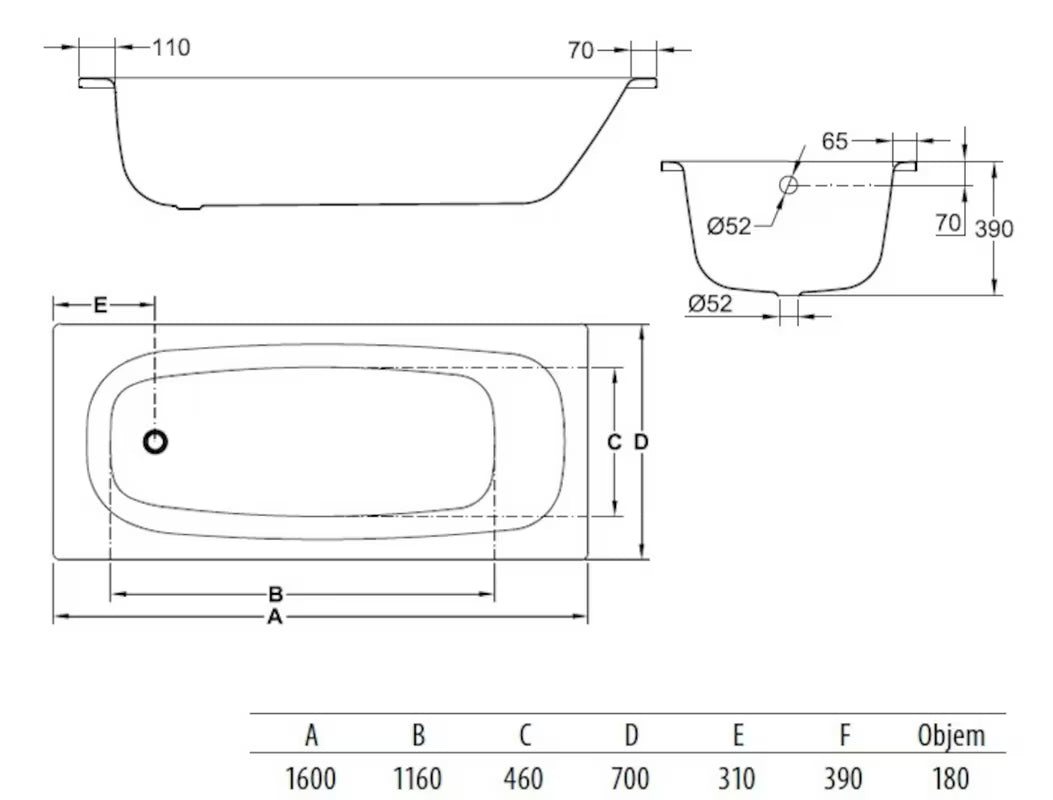 Pravokotna kad Jika Siena 160x70 cm od emajliranog čelika s otpornom površinom koja se lako održava.