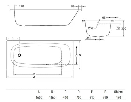 Pravokotna kad Jika Siena Plus 160x70 cm od emajliranog čelika, lijeva i desna orijentacija