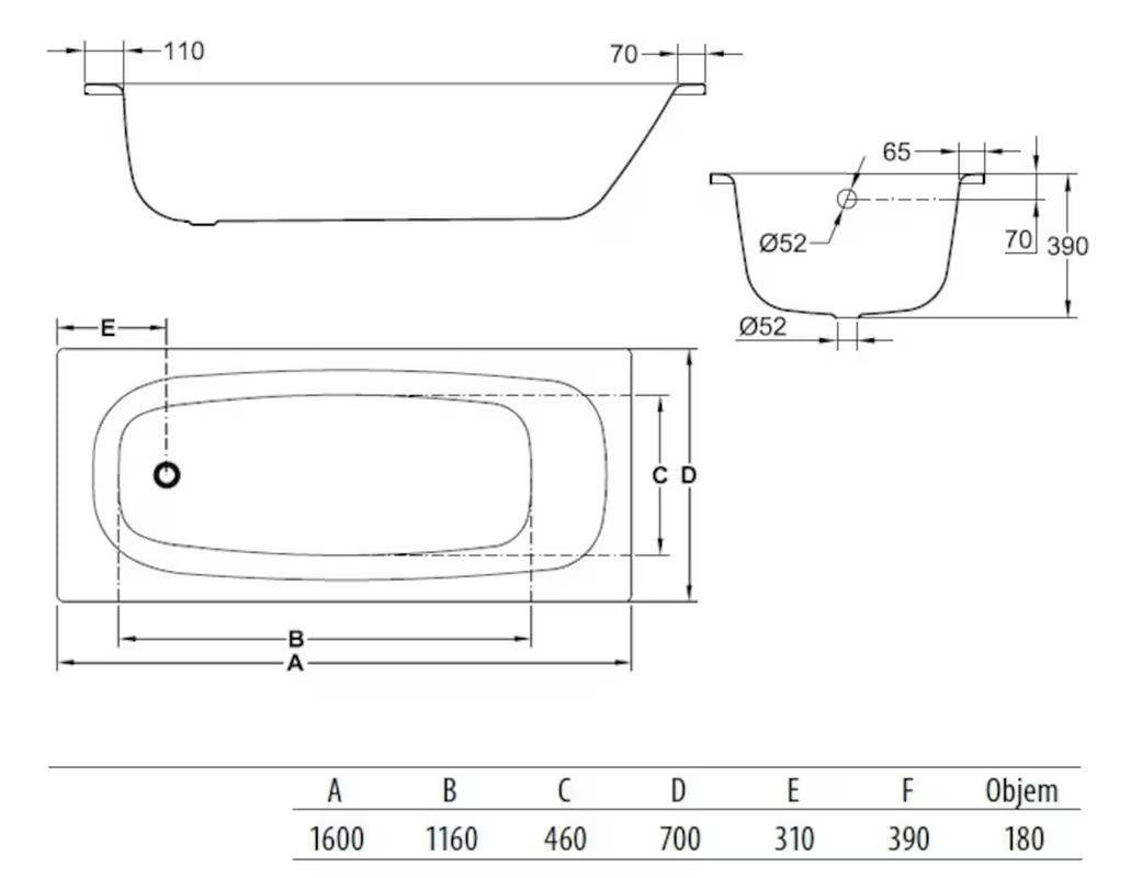 Pravokotna kad Jika Siena Plus 160x70 cm od emajliranog čelika, lijeva i desna orijentacija