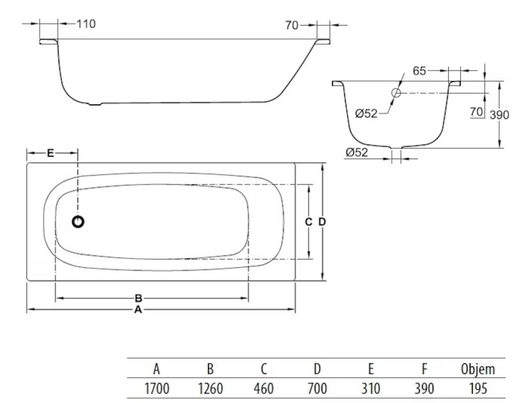 Pravokotna kad Jika Siena Plus 170x70 cm od emajliranog čelika s mogućnošću lijeve i desne orijentacije