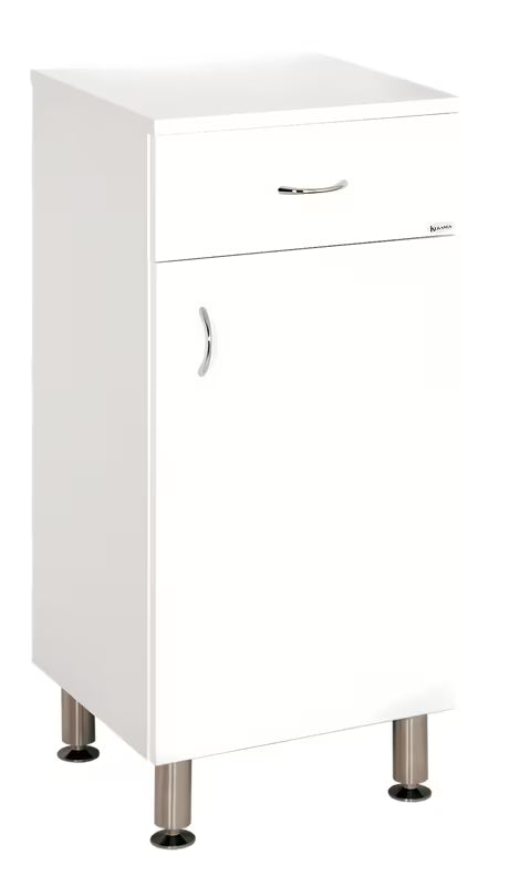 Bijelo lakirani kopalniška omarica Keramia Pro s vratima i nožicama podesivima po visini.