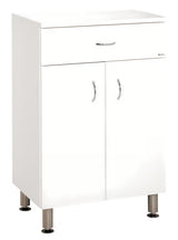 Bijela sjajna kopalniška omarica Keramia Pro z vtičnico, s dvoja vrata i nogicama od nehrđajućeg čelika.