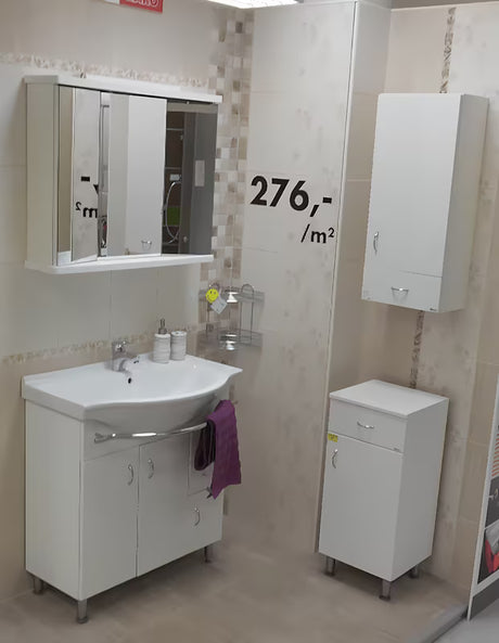 Belo lakirana kopalniška omarica Keramia Pro s z vrati in po višini nastavljivimi nogicami.