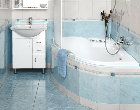 Bijela kopalniška omarica Keramia Pro s keramičkim umivaonikom, lakirane bočne i prednje površine.