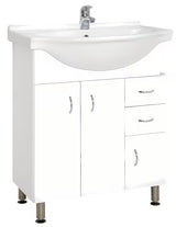 Bijela kopalniška omarica z umivalnikom Keramia Pro neutralnog dizajna, prikladna za većinu kupaonica.