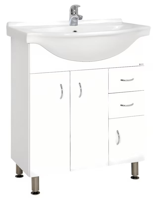 Bijela kopalniška omarica z umivalnikom Keramia Pro neutralnog dizajna, prikladna za većinu kupaonica.