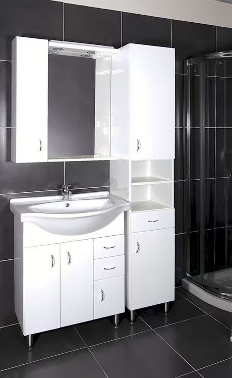 Bijela kopalniška omarica z umivalnikom Keramia Pro neutralnog dizajna, prikladna za većinu kupaonica.