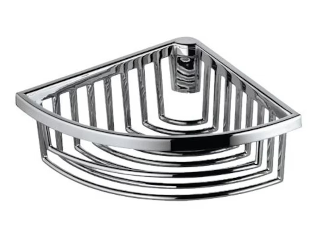 Kromirana kotna stenska žičana polica Keuco za sapun i spužvu za pranje.