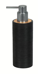 Crni dozirnik za milo Kleine Wolke Kyoto s detaljem od bambusa i fino rebrastom površinom.