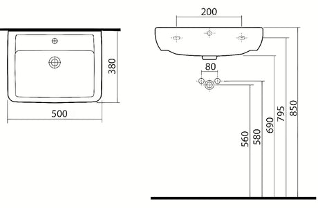 Keramični pohištveni umivalnik Kolo Rekord 50 x 38 cm v beli barvi z odprtino pro armaturo na sredini.