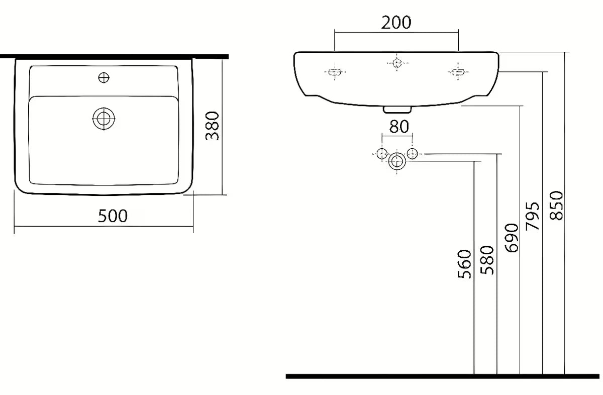 Keramični pohištveni umivalnik Kolo Rekord 50 x 38 cm v beli barvi z odprtino pro armaturo na sredini.