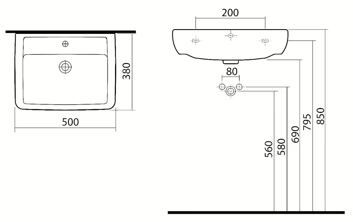 Keramični pohištveni umivalnik Kolo Rekord 50 x 38 cm v beli barvi z odprtino pro armaturo na sredini.